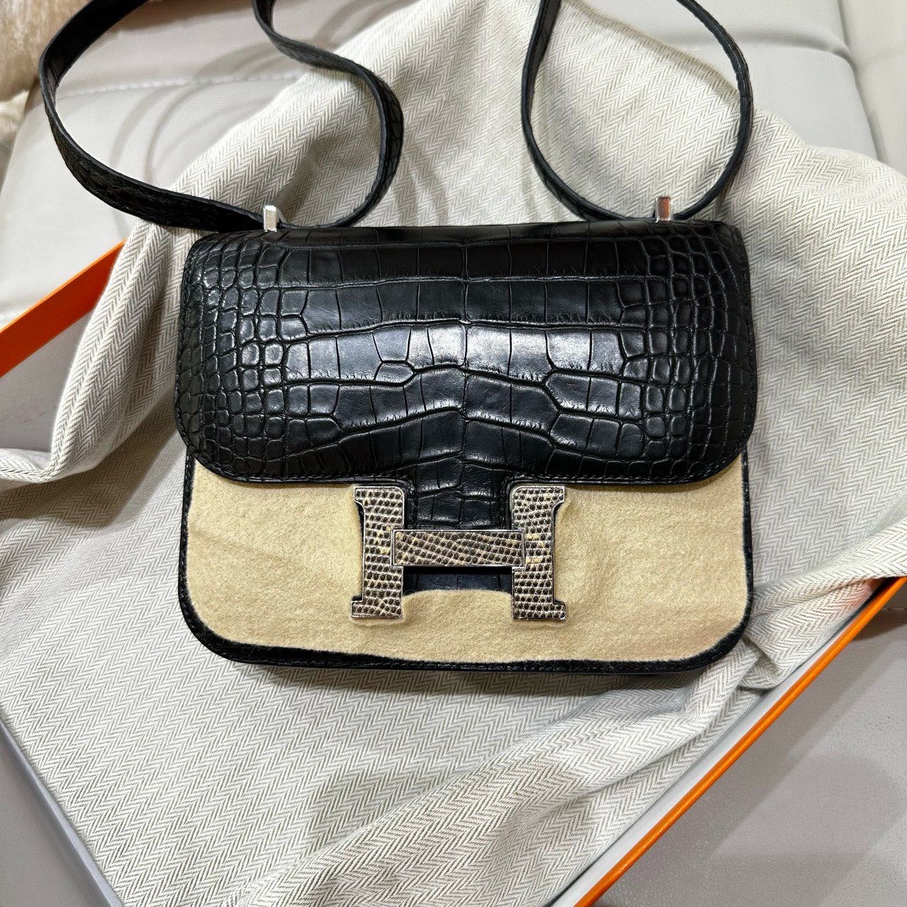 Hermes 爱马仕 黑银康康Constance mini 雾面鳄鱼皮 蜥蜴扣 Y刻 配件 盒子 尘袋