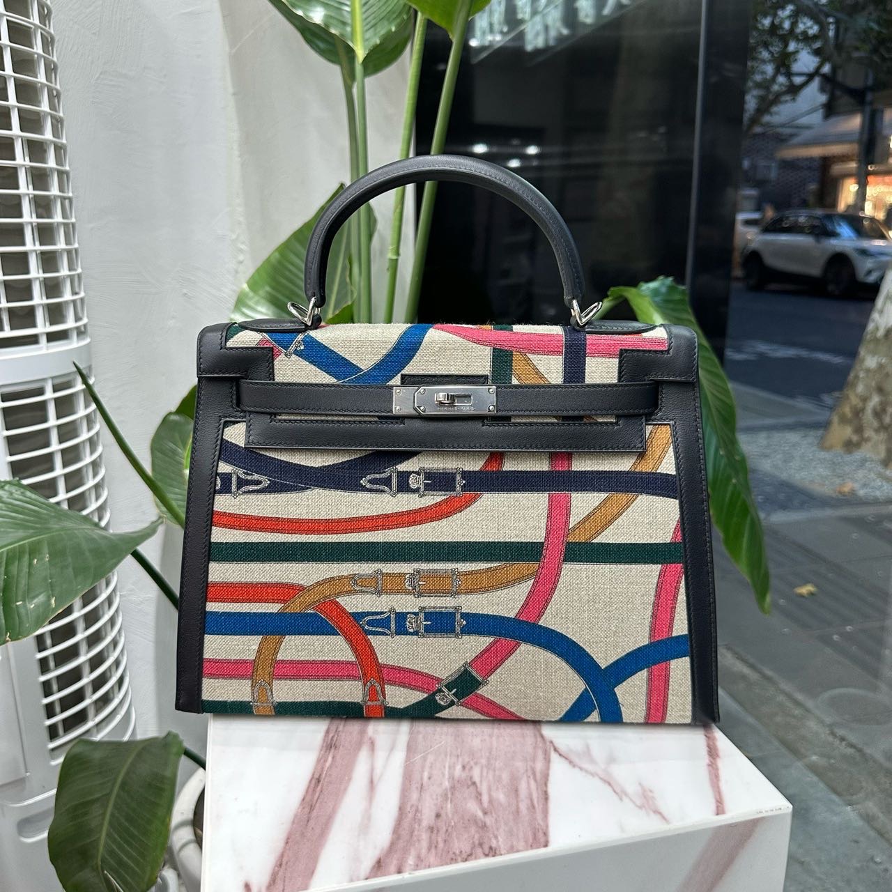 Hermes 爱马仕 限量卡瓦尔卡多彩条帆布拼皮黑银 Kelly32 C刻 绝版搁置品成色没用过 钥匙锁 肩带 尘袋都在