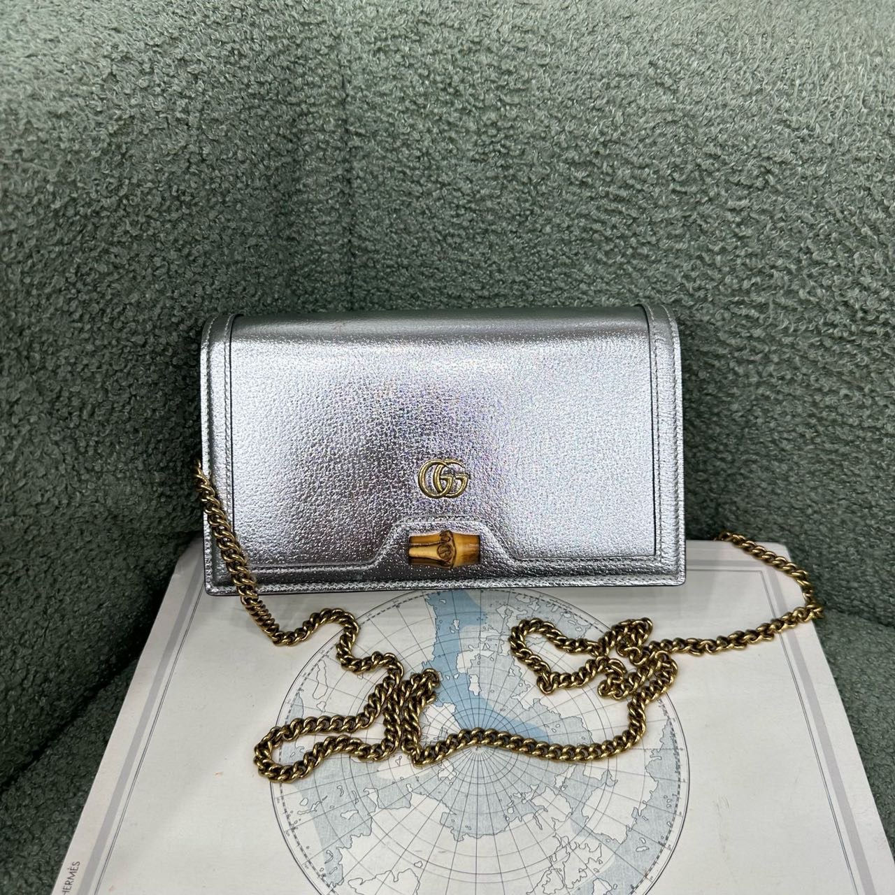Gucci 古驰 银色竹节斜挎包 带尘袋