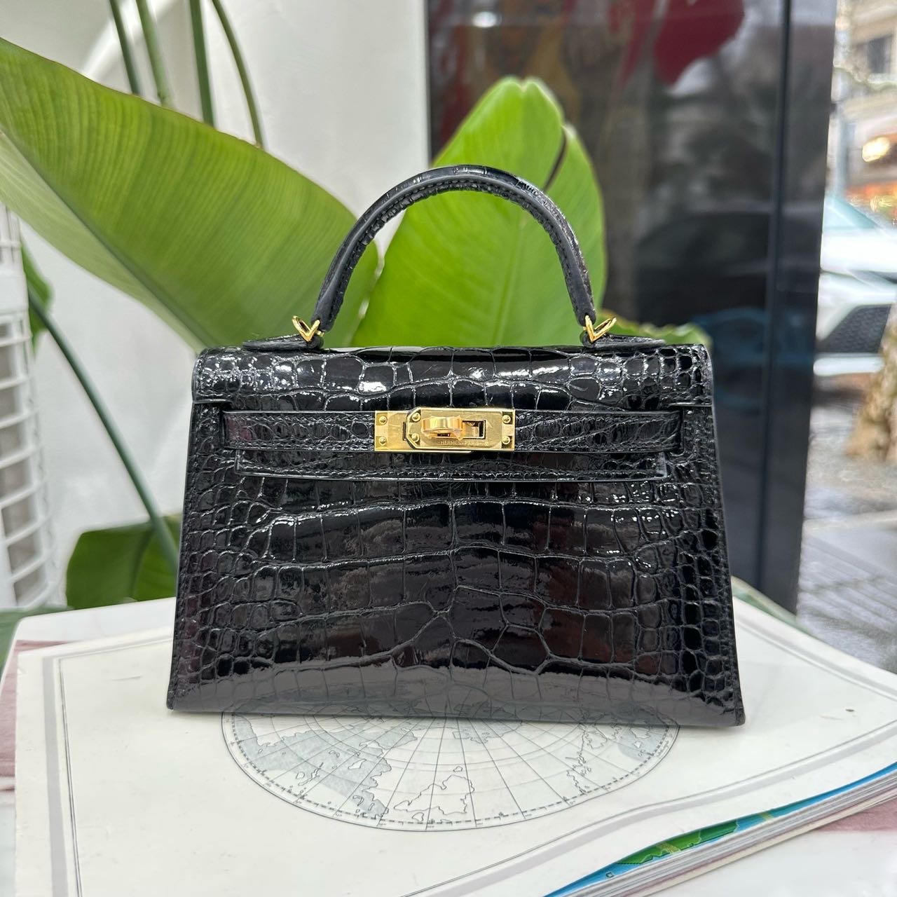Hermes 爱马仕黑金mini Kelly二代 亮面鳄鱼皮 D刻 全套