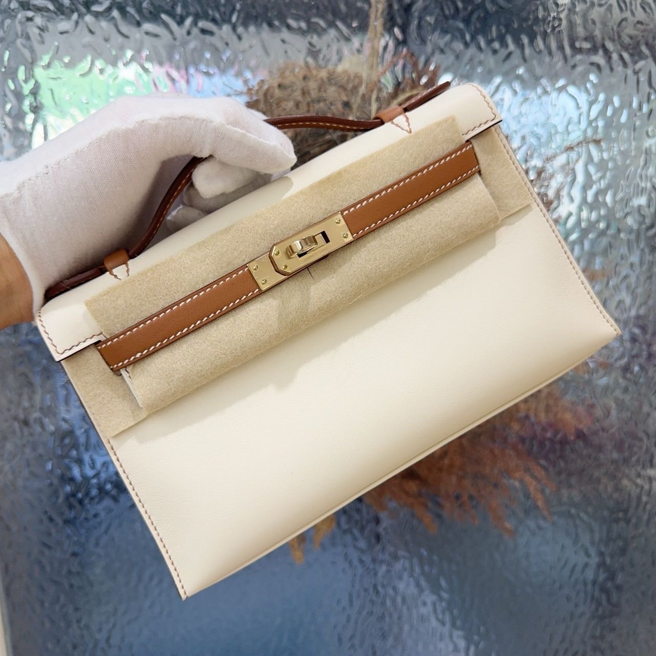 Hermes 爱马仕 奶油白内拼金棕 so马蹄刻 mini kelly一代 淡金扣 swift皮 B刻 附件全套