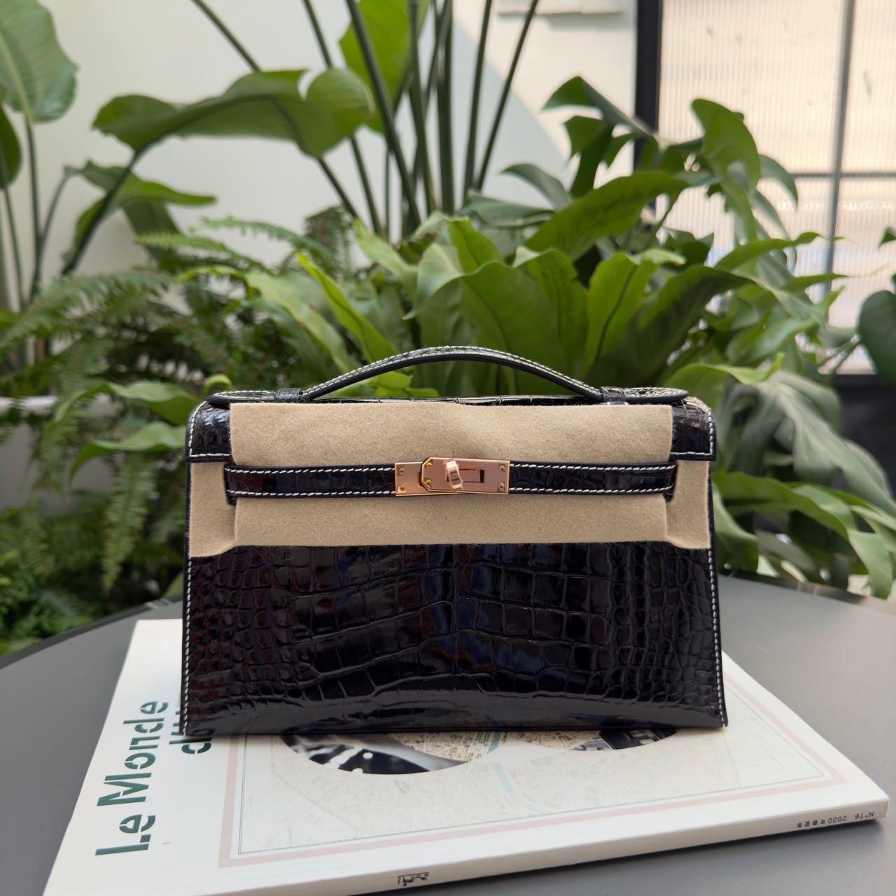 Hermes 爱马仕 mini kelly一代 黑玫瑰金so马蹄刻亮面方框鳄鱼皮 B刻 附件票证全套