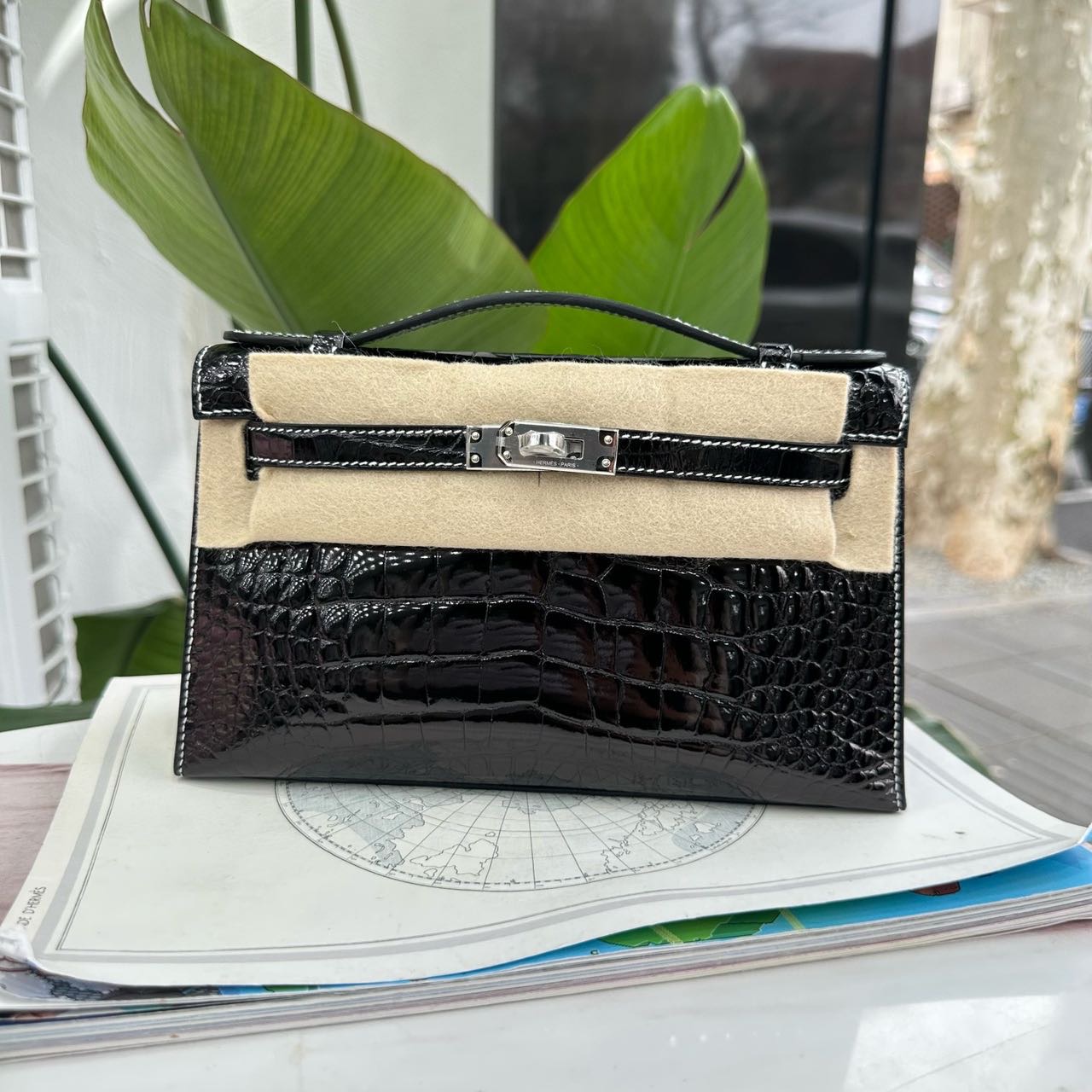 Hermes 爱马仕黑银内拼珍珠灰mini Kelly一代 亮面鳄鱼皮 G刻 全套