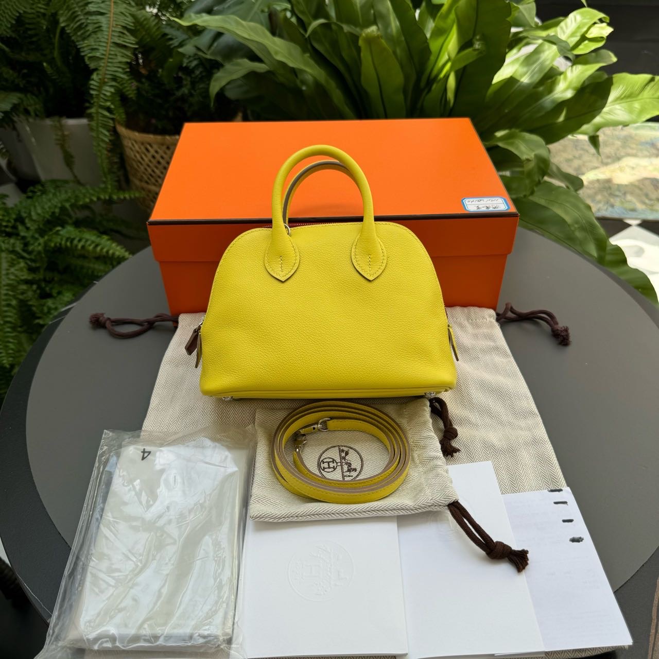 N级 Hermes 爱马仕 柠檬黄拼爱马仕红mini Bolide evercolor皮 B刻 附件全套 有肩带