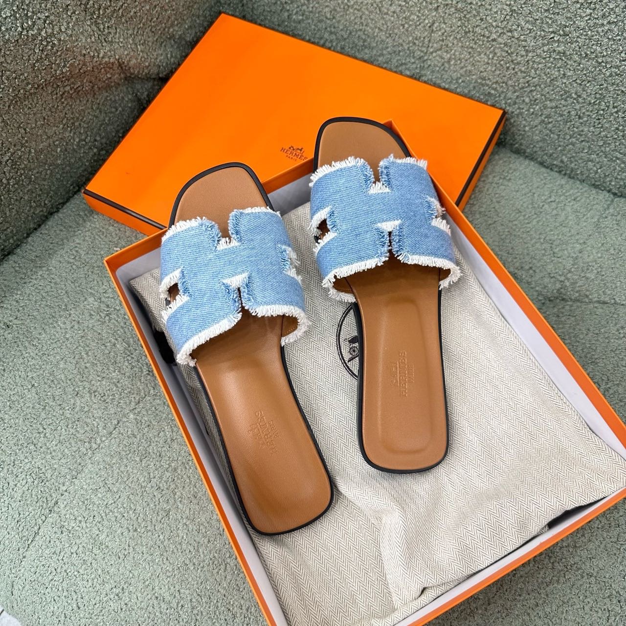 Hermes 帆布拼皮H凉拖鞋 37.5码 带盒子尘袋