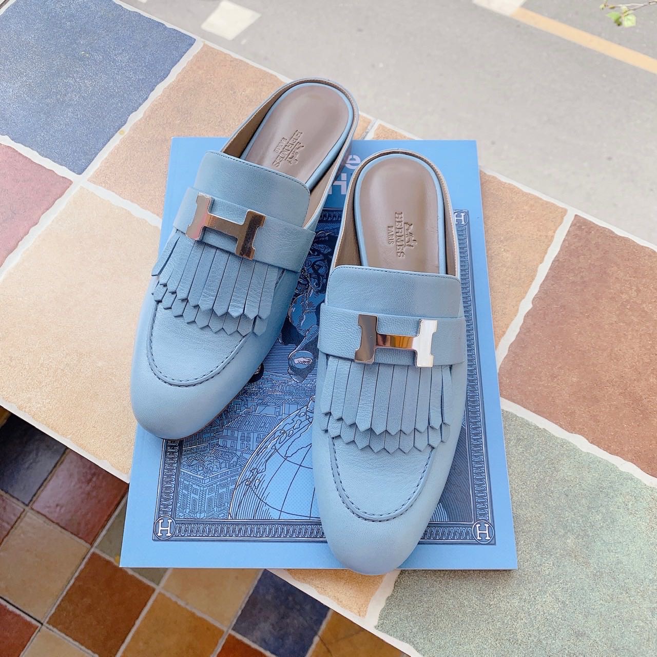 N级  Hermes  蓝色流苏拖鞋  乐福鞋  37码  蓝色