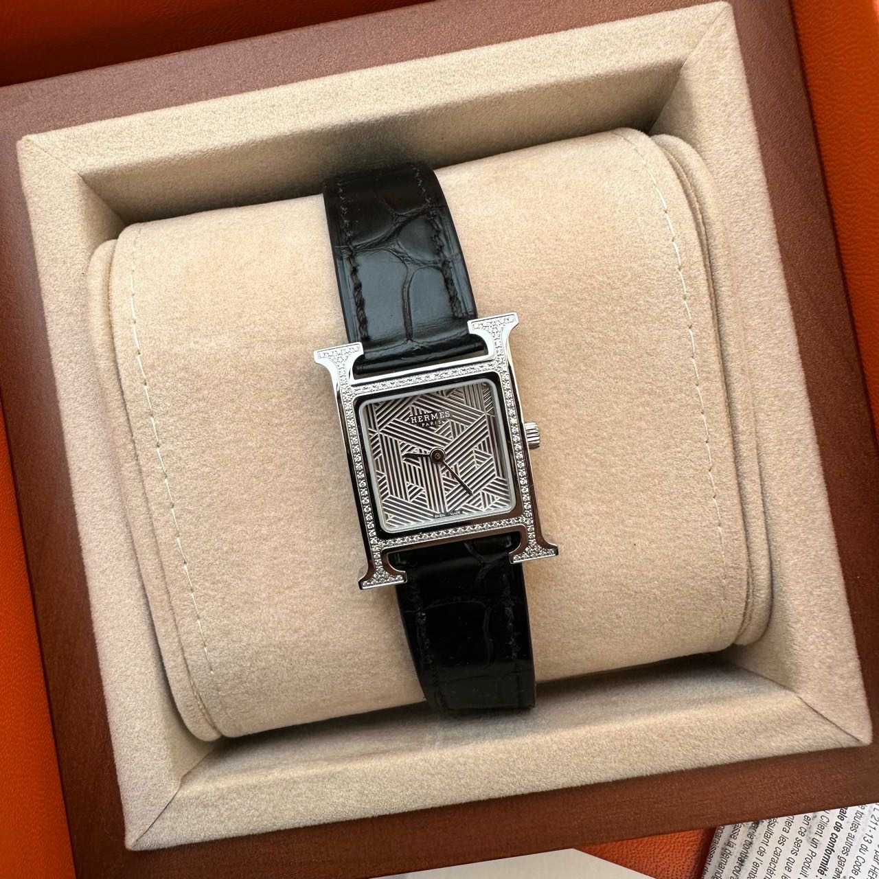 N级 Hermes 黑银雾面鳄鱼皮带钻H手表 21mm 全套带保卡证书