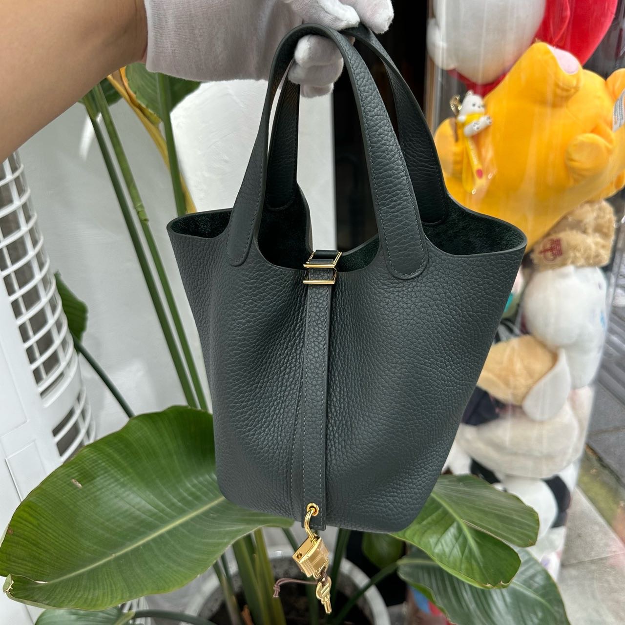 N级 Hermes 爱马仕Q0灰绿色水桶/菜篮子 Picotin 18 金扣 TC皮 K刻全套