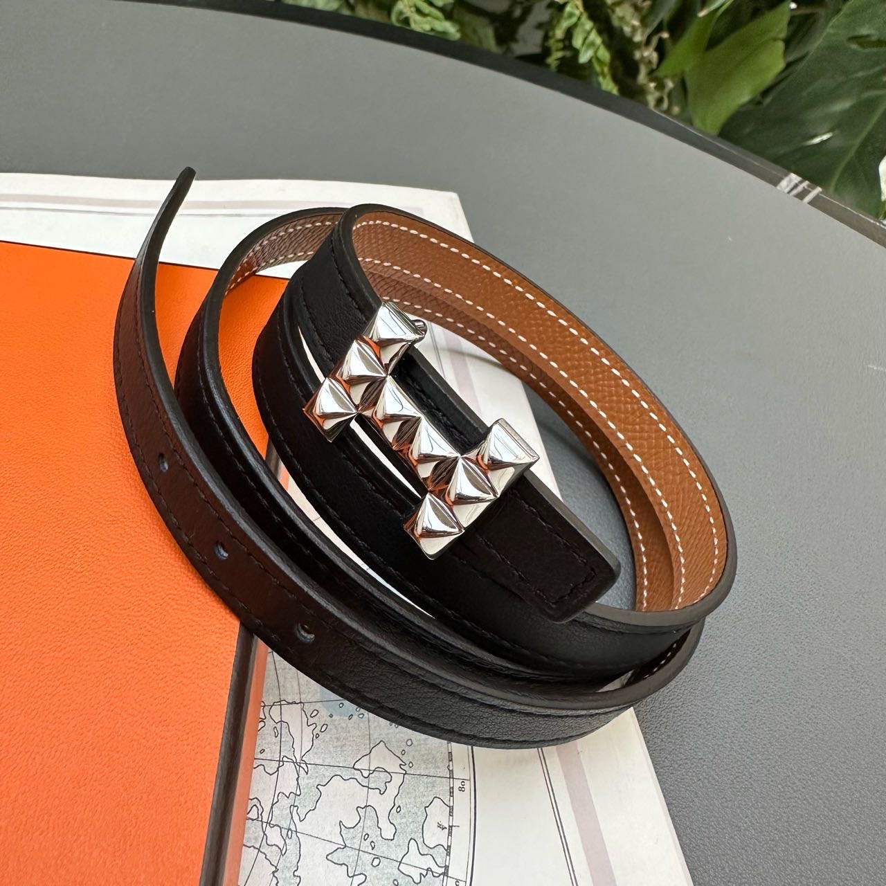 N级 Hermes 黑拼金棕菠萝扣H双面腰带 85码 13mm配件 盒子 尘袋 缩略图