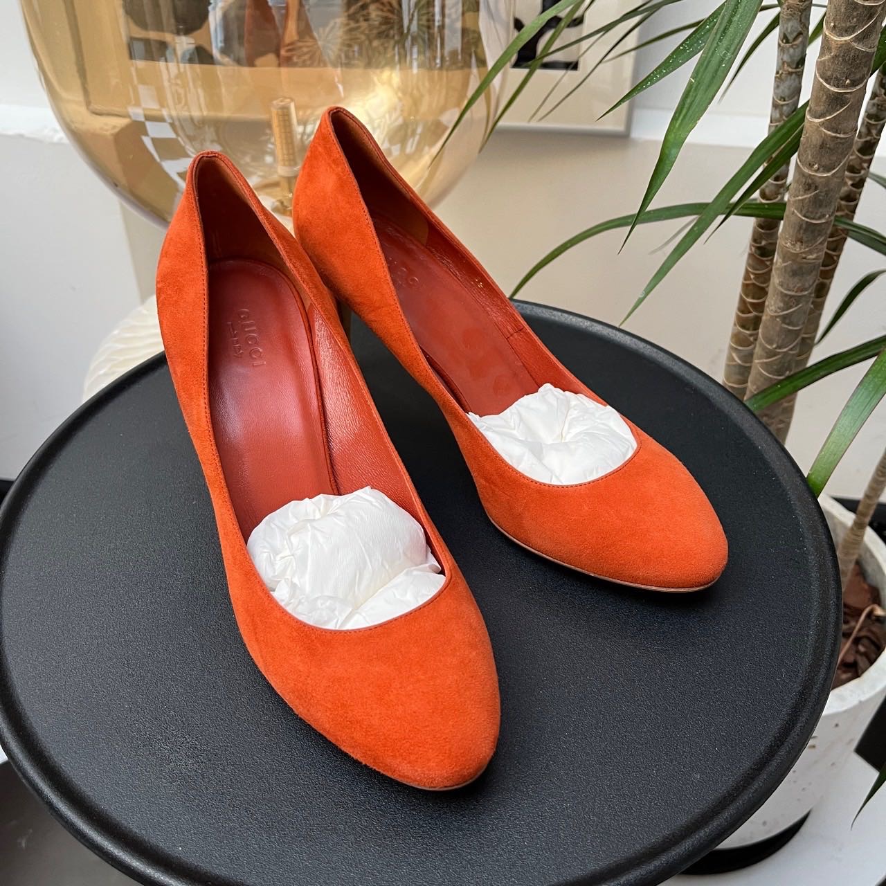二手 99新 gucci 橘色 麂皮绒面  五厘米高跟鞋39码
