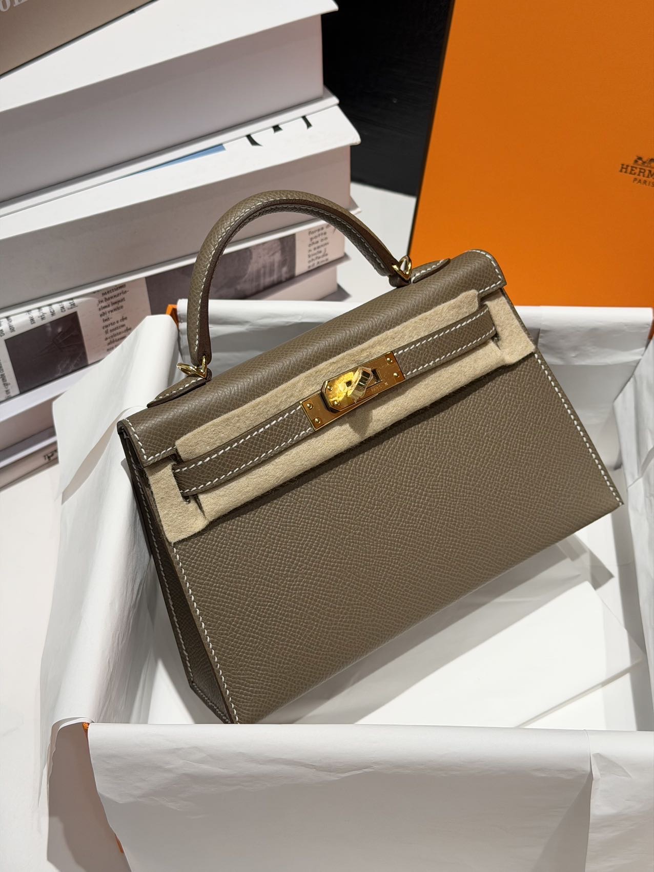 爱马仕 Hermes minikelly二代 大象灰金扣 epsom G刻