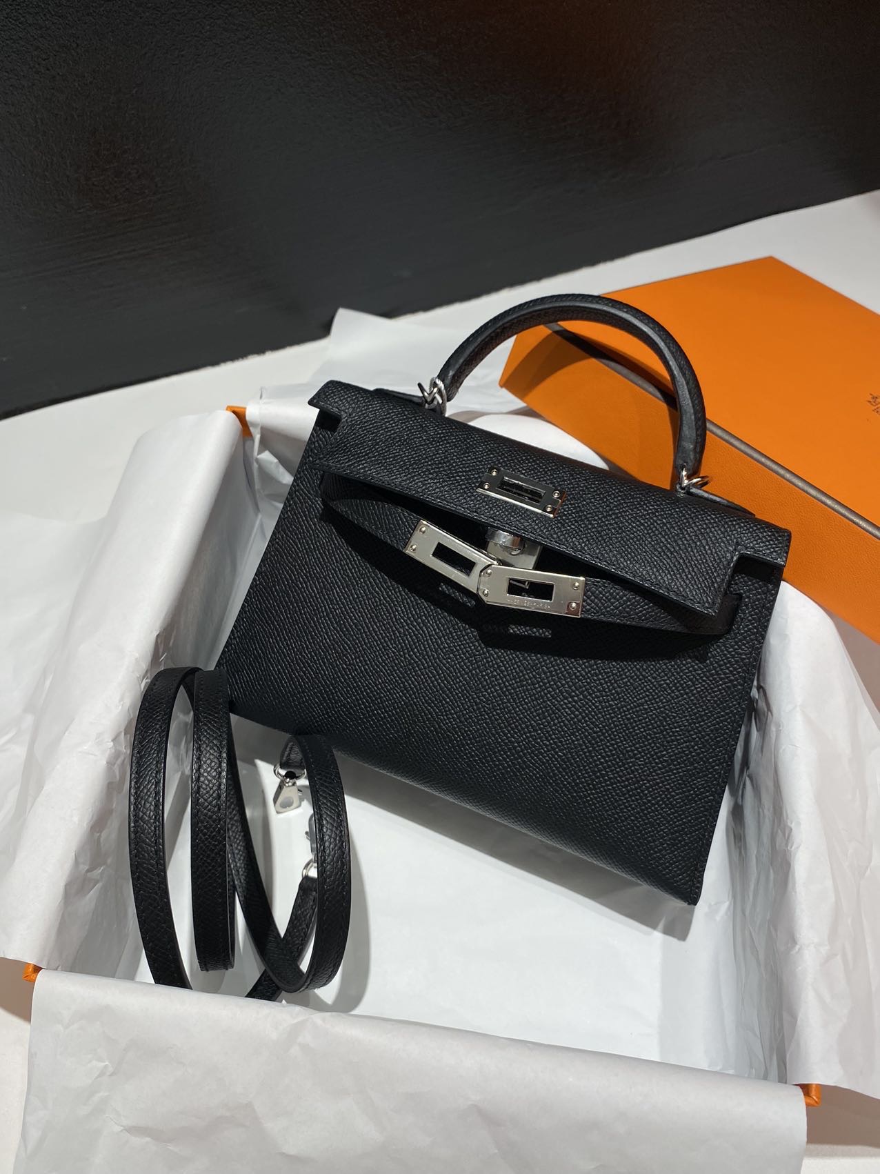 爱马仕 Hermes minikelly二代 黑银 epsom W刻 so内拼珍珠灰