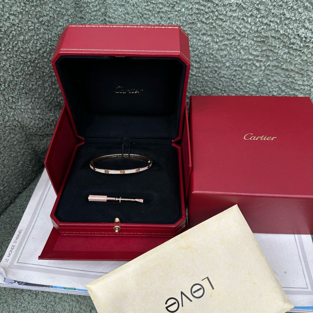 A级 Cartier 18K玫瑰金满钻窄板love手镯 17号 全套 缩略图