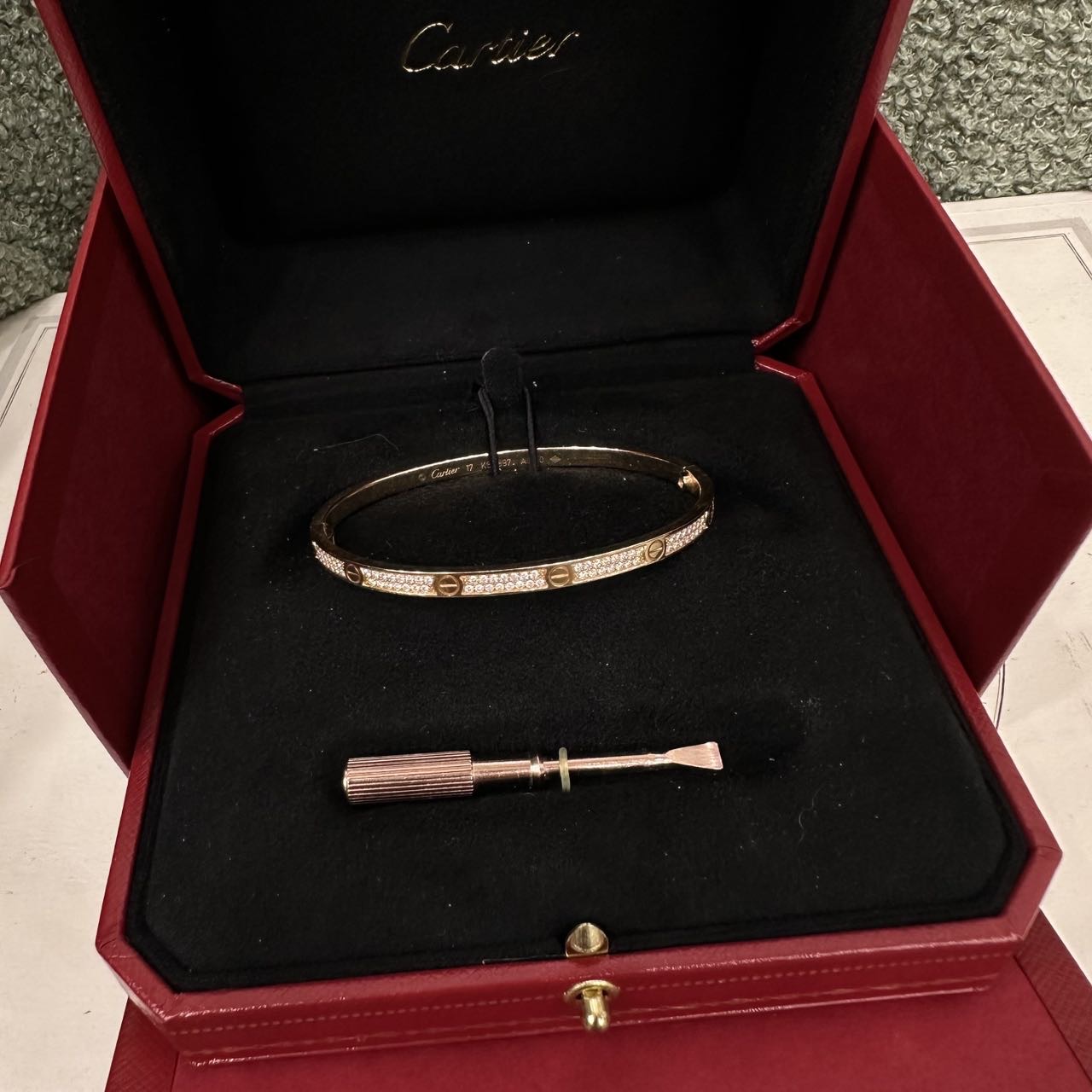 A级 Cartier 18K玫瑰金满钻窄板love手镯 17号 全套 缩略图
