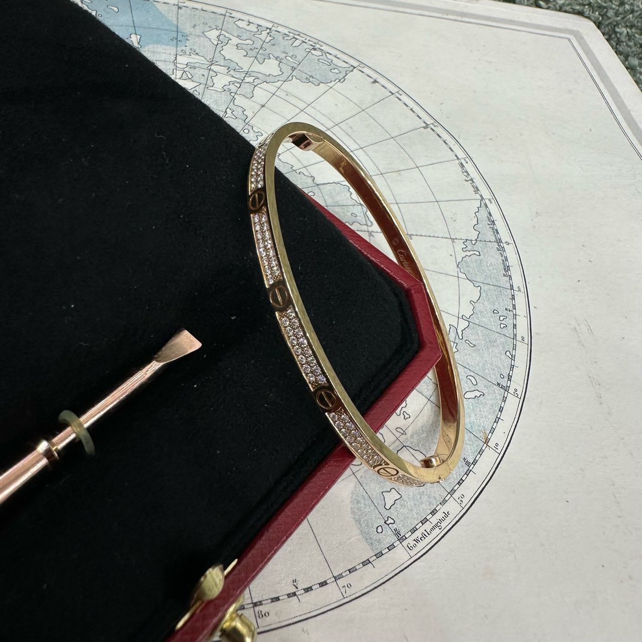 A级 Cartier 18K玫瑰金满钻窄板love手镯 17号 全套