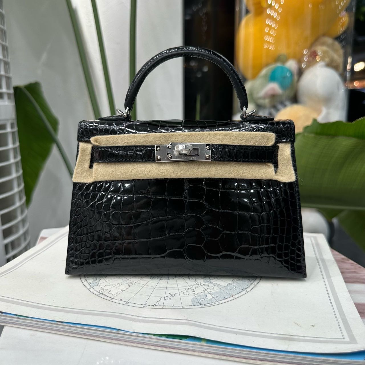 Hermes 黑银亮面鳄鱼皮mini Kelly二代 G刻 全套