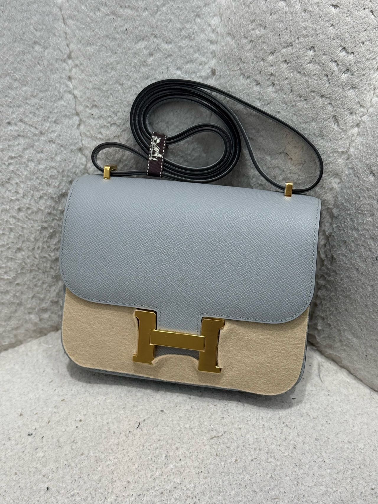 Hermes 冰川蓝康康mini 金扣 Epsom皮 K刻全套