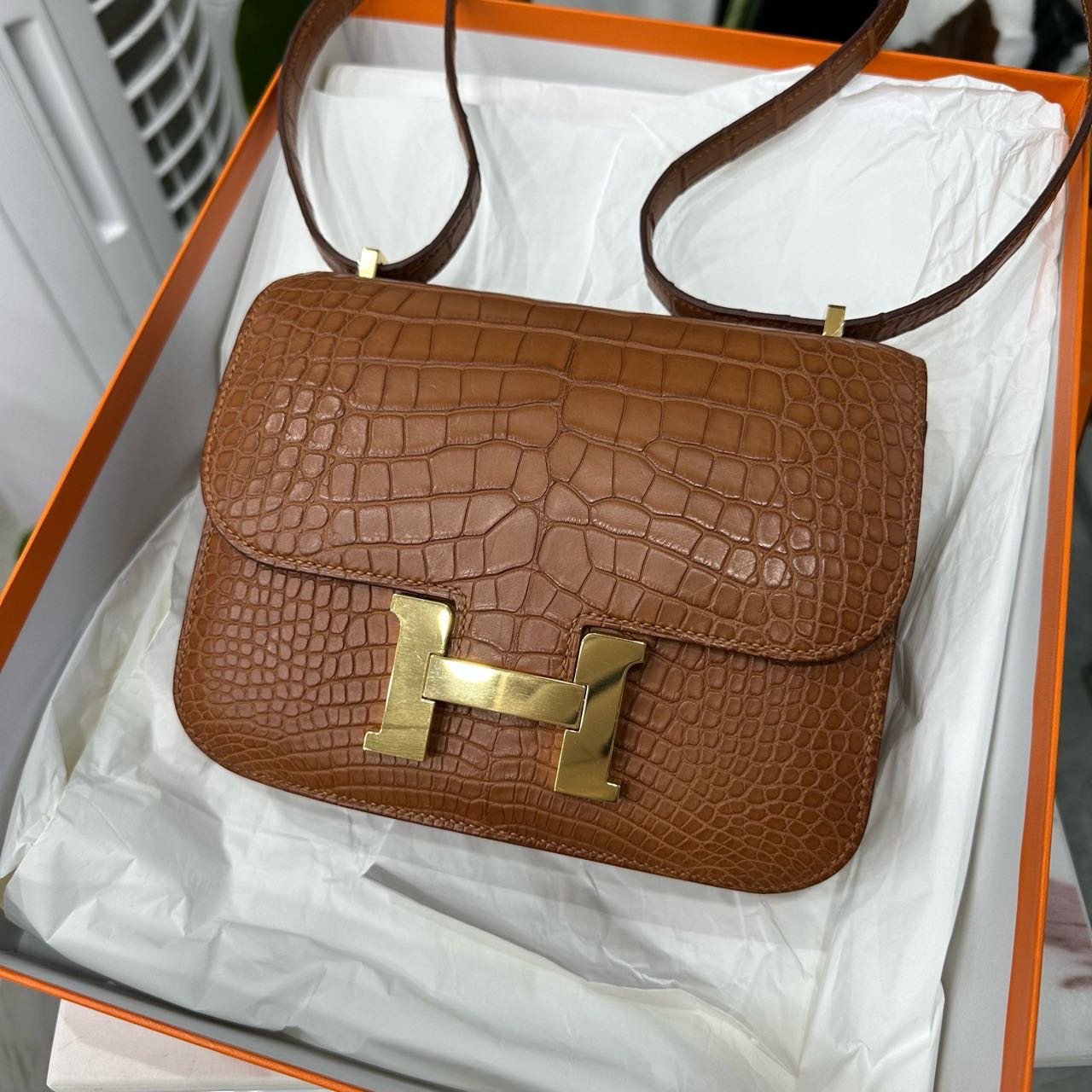 Hermes 金棕康康mini 金扣 雾面鳄鱼皮 Y刻 全套