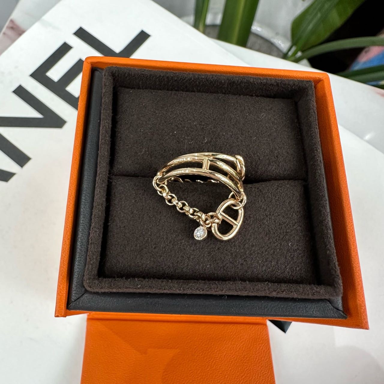 Hermes 18K玫瑰金带钻戒指 50码 带盒子证书