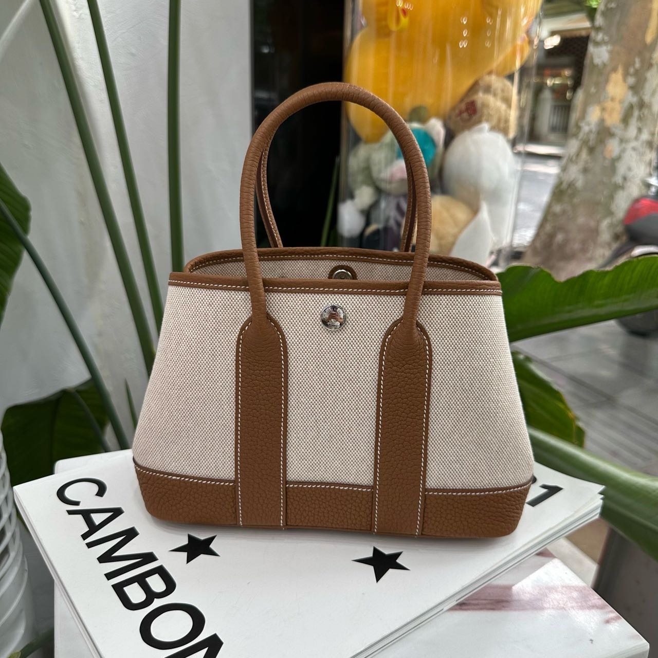 Hermes 金棕帆布拼皮mini garden party/花园 银扣 G刻 全套