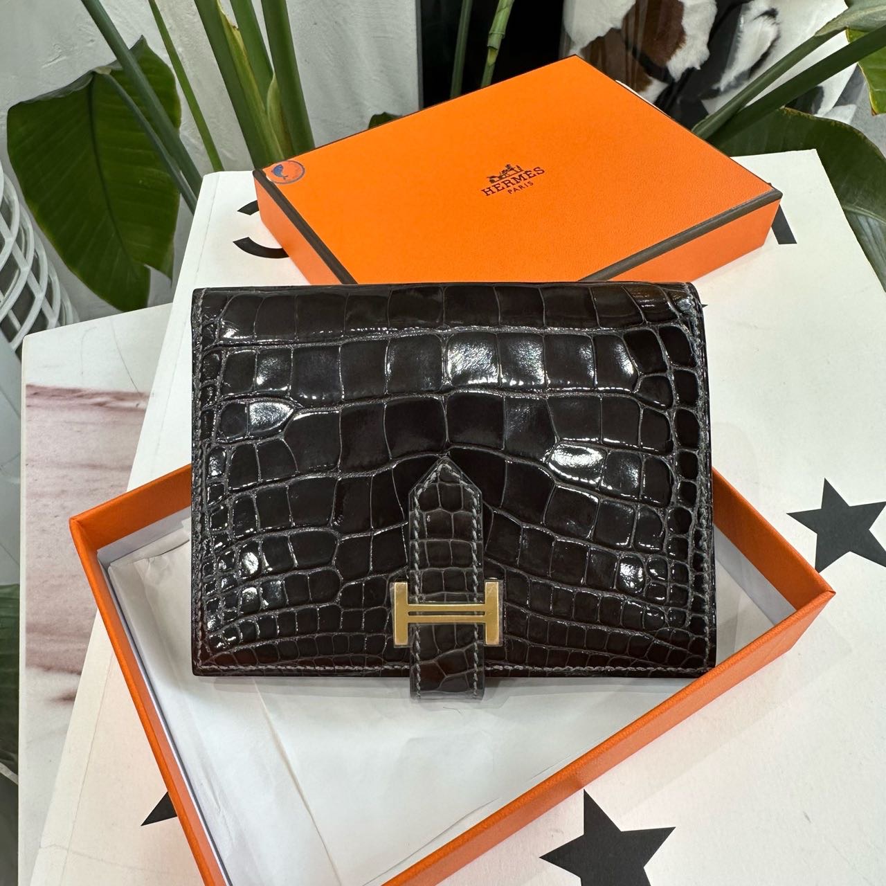 Hermes 84麻绳灰亮面鳄鱼卡包/钱包 W刻 全套带票证