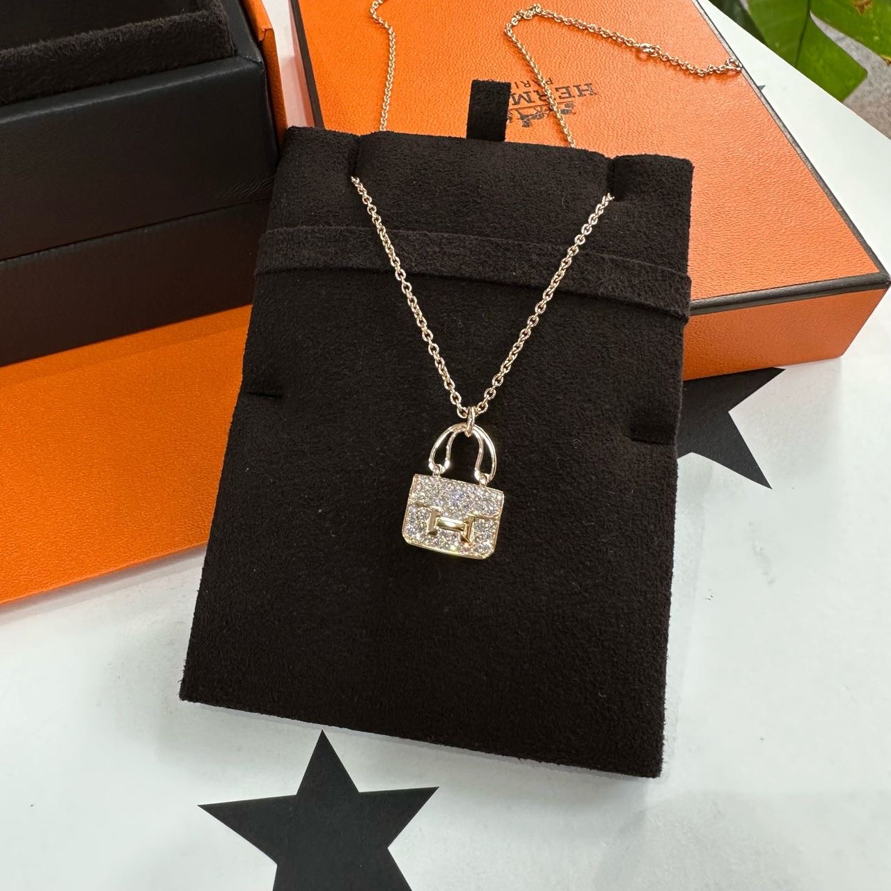 Hermes 18K玫瑰金满钻康康项链 全套