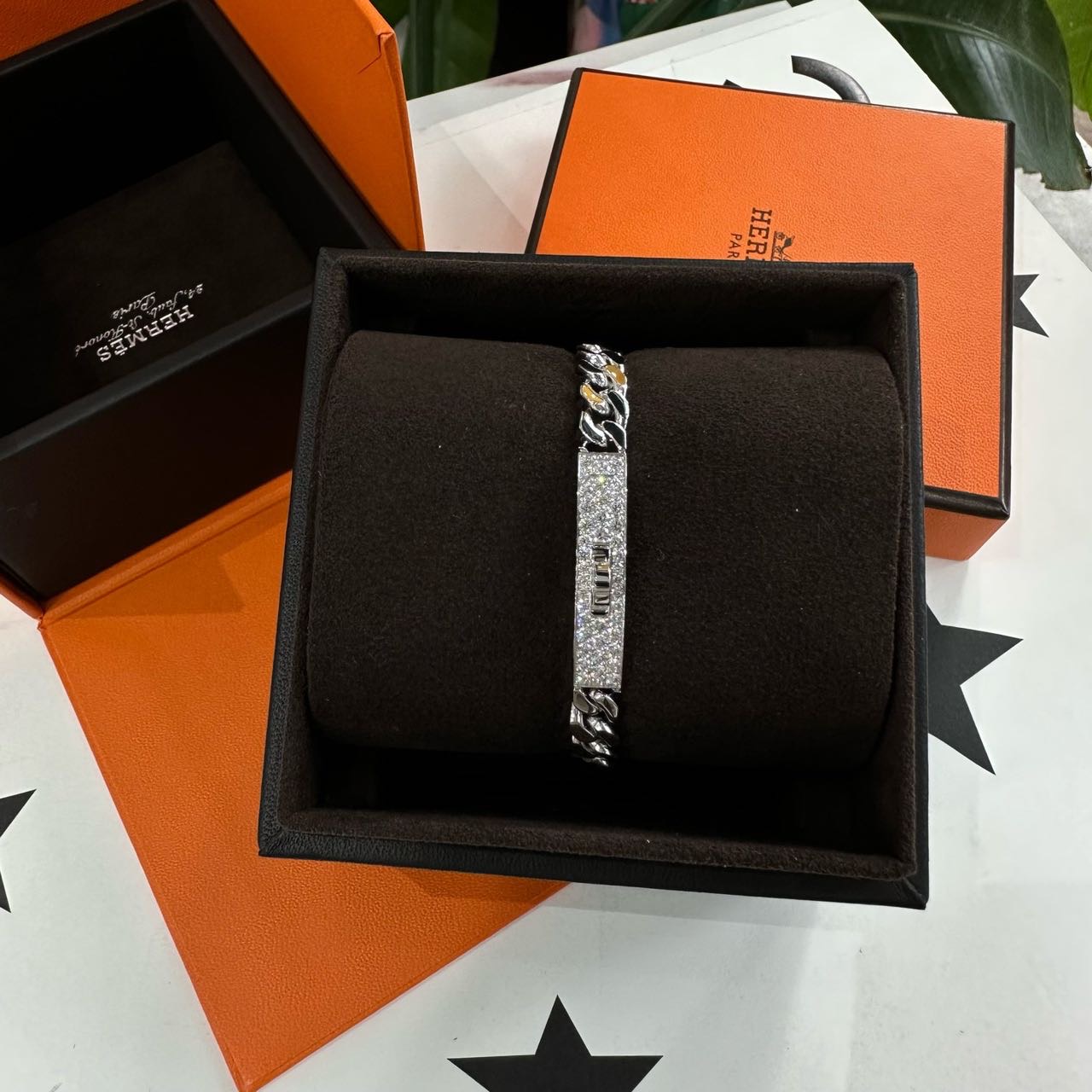 Hermes 18K白金带钻Kelly手链 SH码 全套