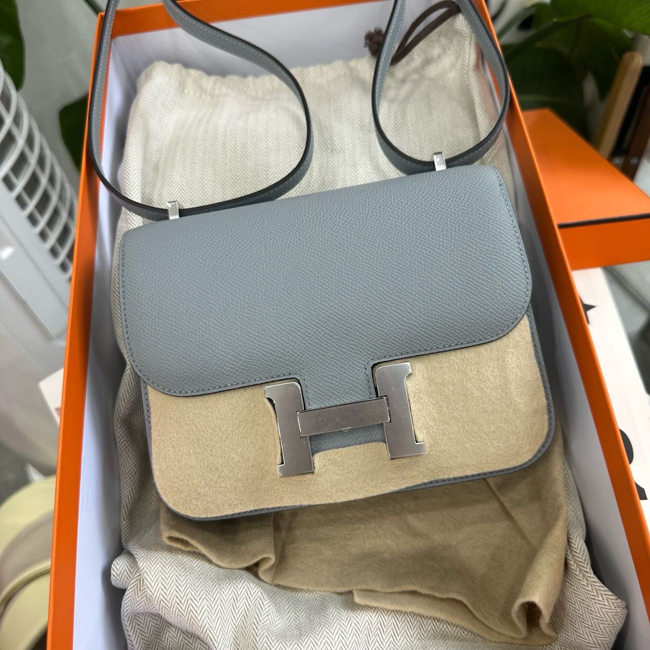 Hermes 冰川蓝康康mini 银扣 Epsom皮 G刻 全套