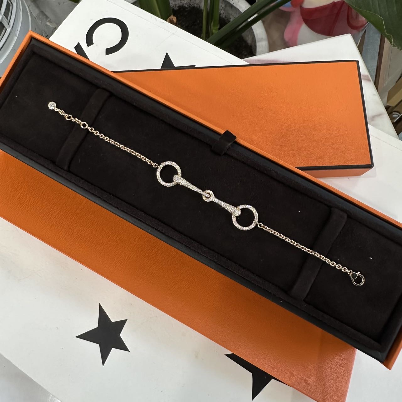 Hermes 18K玫瑰金满钻马蹄扣手链 ST码